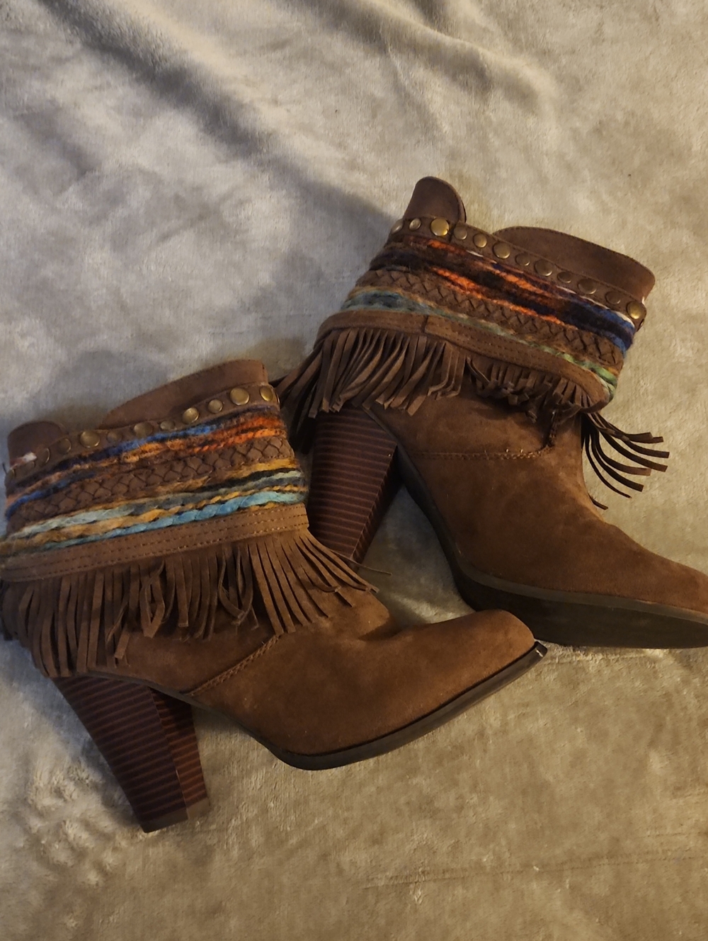 Mojo Moxy Brown Suede Fringe Ankle Boots with Multicolor Braided Trim
